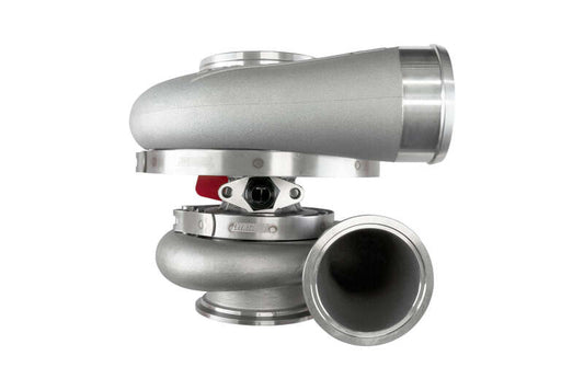 Turbosmart 8280 V-Band reverse rotation external wastegate attached to a turbocharger, featuring a compact design and metallic finish.