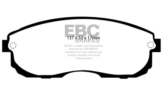EBC Redstuff front brake pads for Infiniti G20 2.0, high-performance brake components with red friction material.