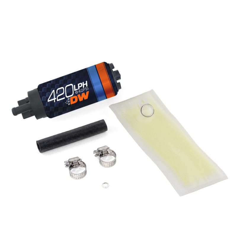 DeatschWerks DW420 Series 420lph in-tank fuel pump with install kit for Honda Integra 94-01 and Civic 92-00, shown installed in the tank