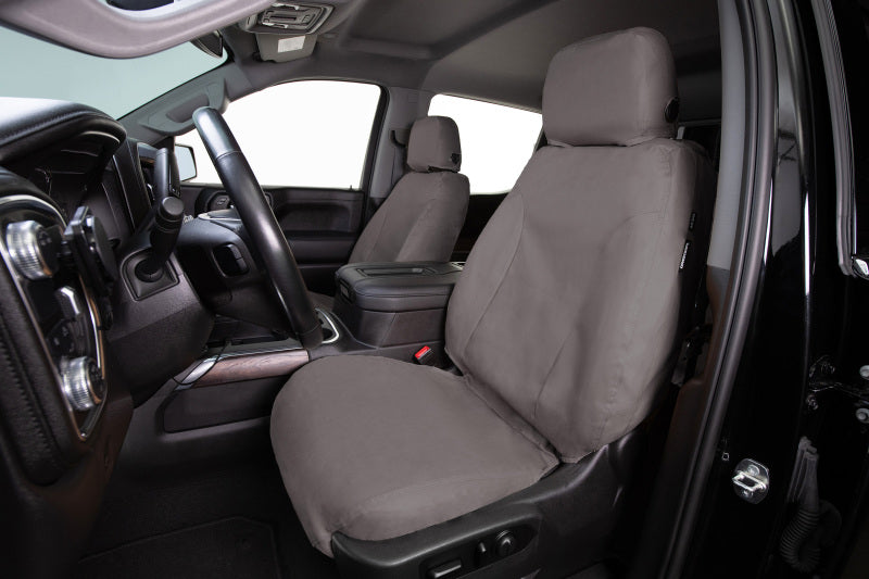 Covercraft Ford Transit third row seat covers in Misty Grey, custom polycotton fabric protect and enhance vehicle interior.