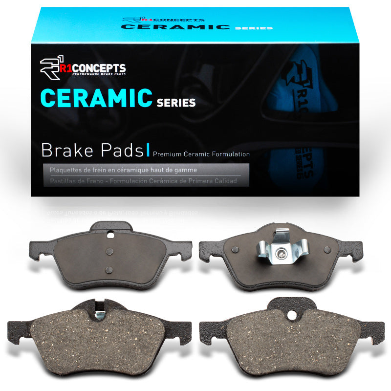 R1 Concepts R1 02-08 Mini Countryman front ceramic brake pads, OE quality, shown installed on vehicle.