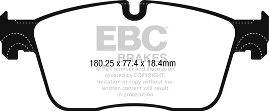 EBC Redstuff front brake pads for Jaguar XF 3.0L 2015-2017 performance brake upgrade, showing the red brake pad material and metal backing.