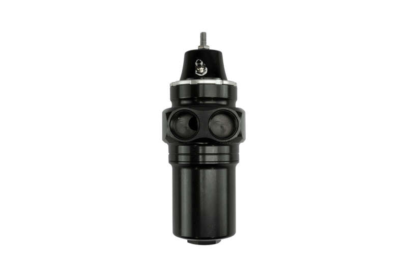 Turbosmart black canister style fuel filter with regulator showing detailed view of the fuel filter and fittings.