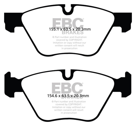 EBC Redstuff front brake pads for BMW 528 2.0 Turbo F10, high-performance brake pads with red friction material visible