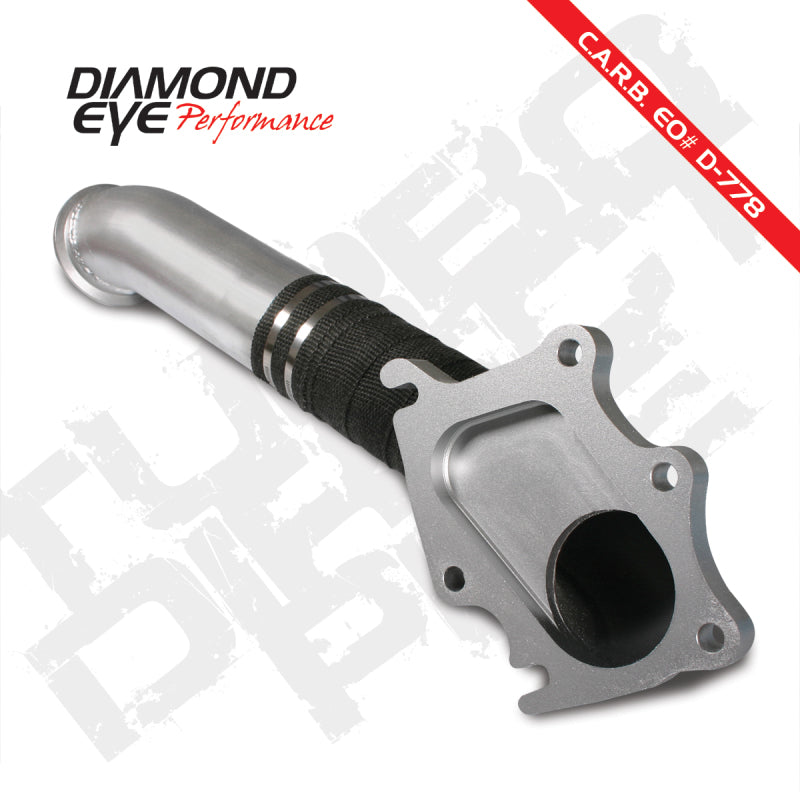 Diamond Eye Performance turbo-downpipe for Chevy LB7 Duramax 01-04, showing the 3-inch turbo to F pipe transition with dipstick mod