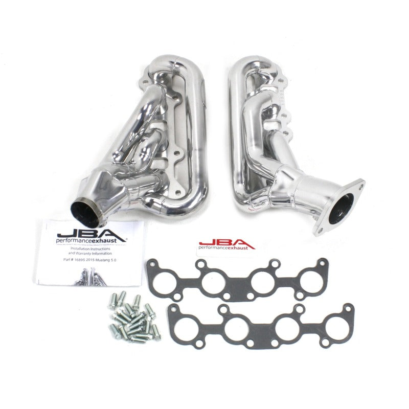 JBA stainless steel shorty header for Ford Mustang 5.0L, 1-3/4 inch ceramic-coated silver exhaust headers and manifolds