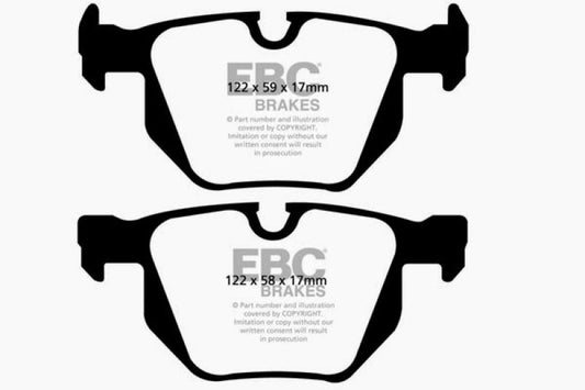 EBC Redstuff rear brake pads for BMW X5 3.0 model, high-performance brake pads with red friction material for improved stopping power.