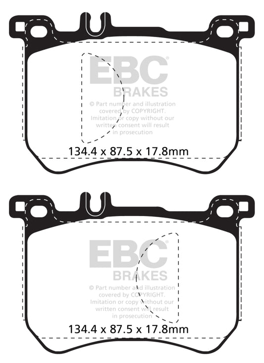 EBC 15+ Mercedes-Benz SL400 3.0 Twin Turbo Redstuff front brake pads, performance brake pads with red friction material and metal backing