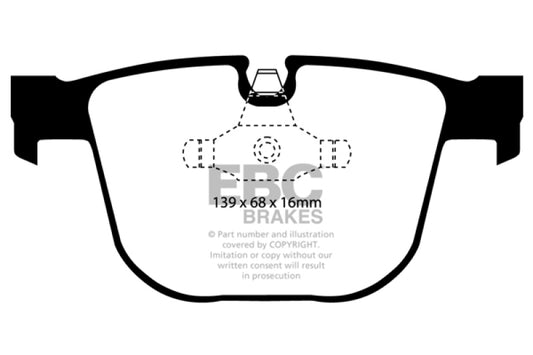 EBC Redstuff rear brake pads for BMW M3 E90 4.0 V8, high-performance brake pads with red friction material.