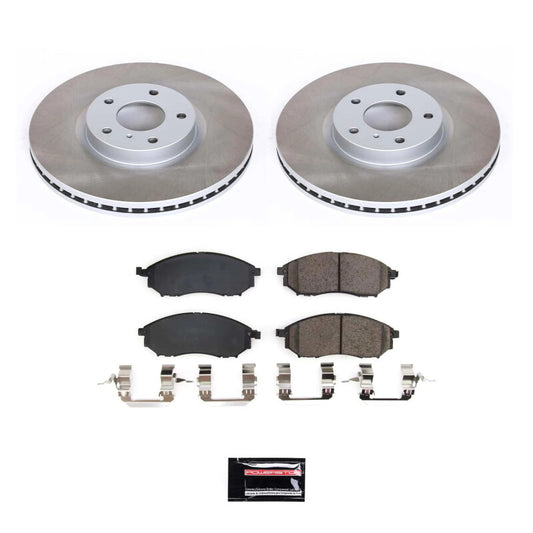 PowerStop front semi-coated brake rotor kit for Nissan 370Z, performance blank brake kit with ventilated rotors and black coating.