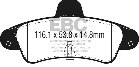 EBC Ultimax2 rear brake pads for 2001-2003 Mercury Cougar 2.0L engine, OE type, showing the brake pad set and packaging.