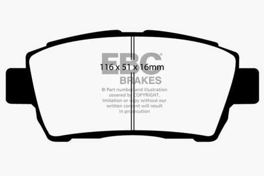 EBC 11-15 Scion IQ 1.3 Ultimax2 front brake pads, OE style, with metal backing and friction surface for reliable stopping power.