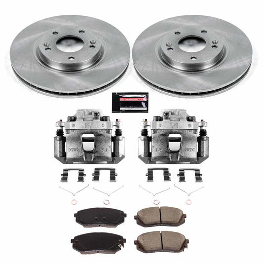 PowerStop OE front brake kit with calipers for 2017 Kia Optima, including brake rotors and pads, installed on vehicle.
