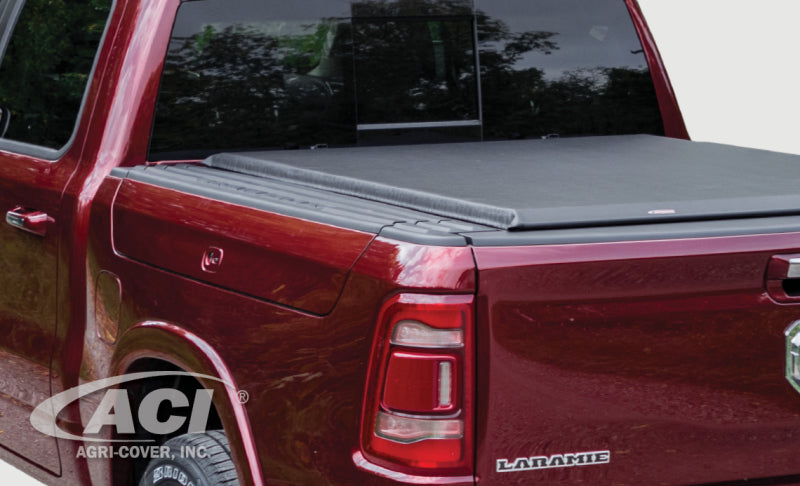 Access LOMAX tri-fold truck bed cover in black diamond mist for 2019 Dodge Ram 1500 5ft 7in box, exterior truck bed accessory.