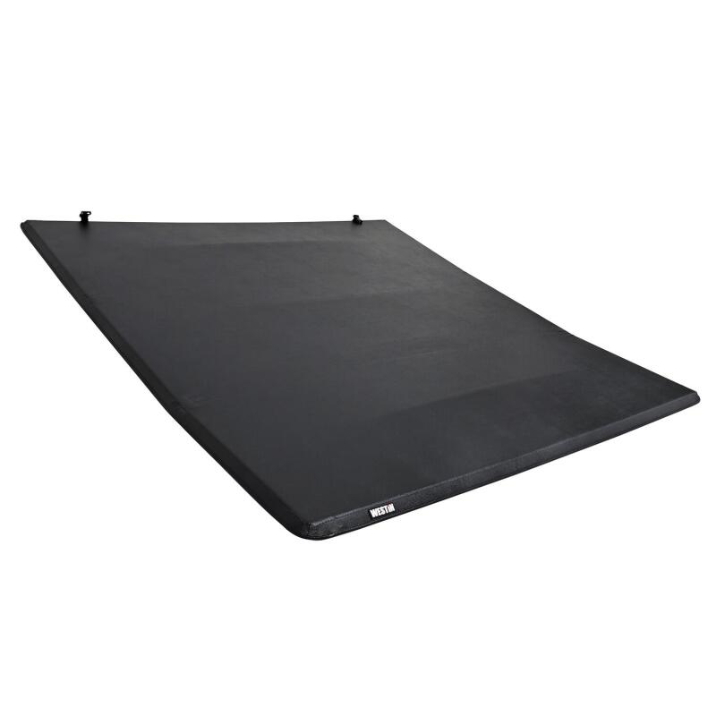 Westin 2024+ Toyota Tacoma 74-inch bed soft tri-fold tonneau cover, black fabric with silver rails, installed on truck bed
