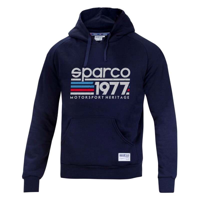 Navy blue Sparco hoodie in size XL with 1977 logo, casual sweatshirt with front pocket and drawstrings.