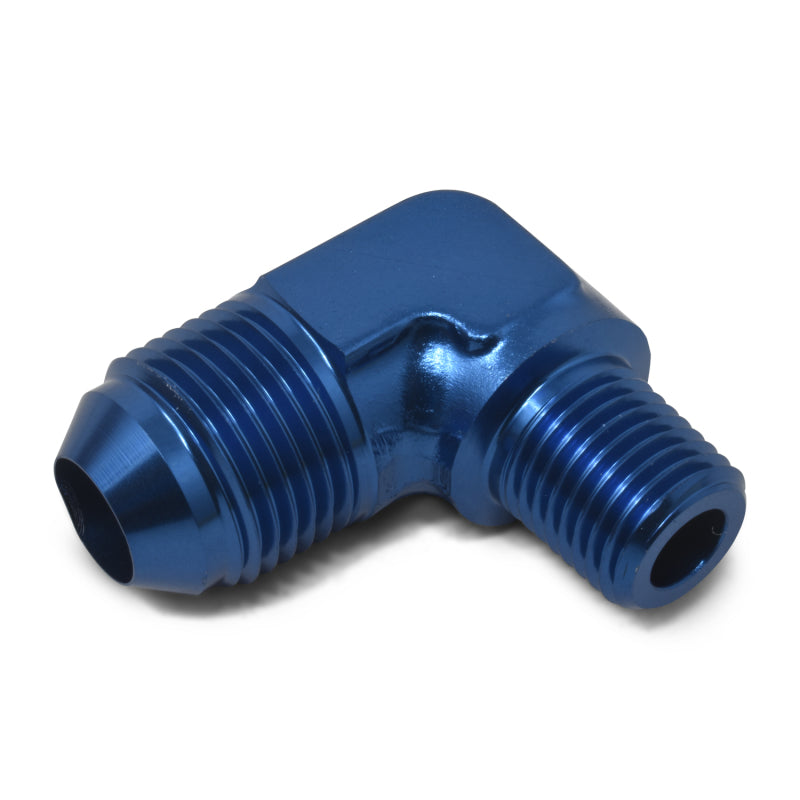 Russell Performance blue 90-degree flare to pipe adapter fitting, -6 AN to 1/8 inch NPT for automotive fluid connections.