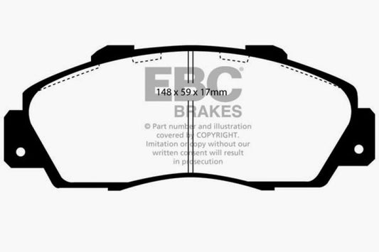 EBC Greenstuff front brake pads for Acura CL 3.0, high-performance brake pads with green friction material, shown in the image.