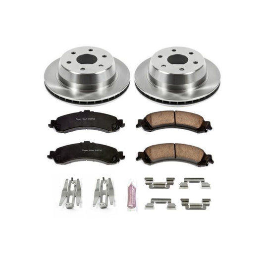 PowerStop OE rear brake kit for 2002-2006 Cadillac Escalade, showing brake rotors and pads installed on vehicle.