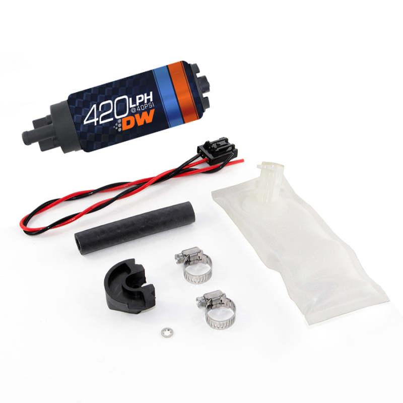 DeatschWerks DW420 Series 420lph in-tank fuel pump with install kit for Nissan S14 and S15 models, visible in the image.