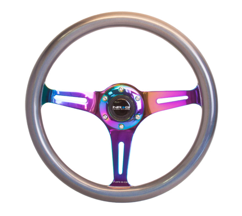 NRG Classic Wood Grain Steering Wheel with chameleon/pearlescent paint, 350mm diameter, Neochrome 3-spoke design, grip and stylish finish.