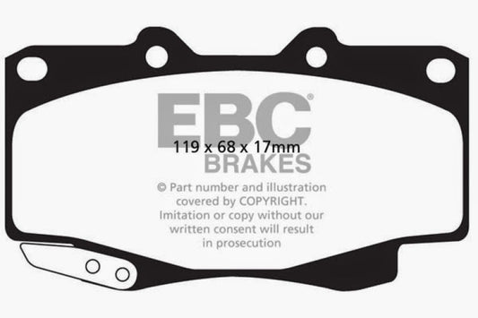 EBC Ultimax2 front brake pads for 1999-2004 Toyota Tacoma 4WD 2.7 OE brake pads, shown with metal backing and friction material