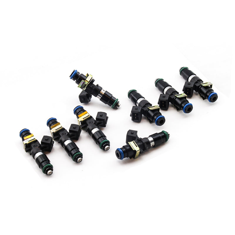 DeatschWerks Bosch EV14 1200cc fuel injector set for Ford F-Series and SVT Cobra, showing eight high-performance injectors.