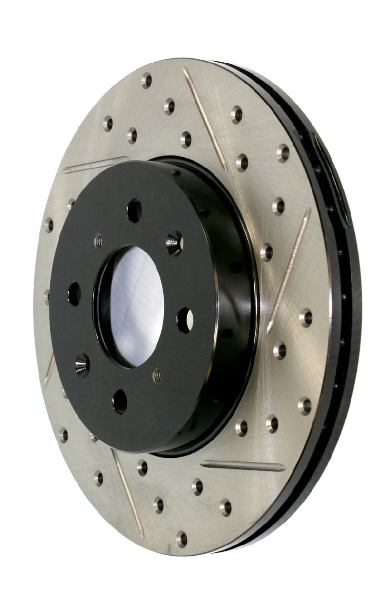 StopTech rear left sport slotted and drilled brake rotor for 2016-2017 Subaru WRX with EyeSight Technology, high-performance brake component.