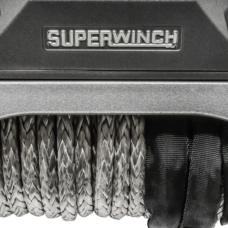 Superwinch 12000 LBS 12V DC synthetic rope winch with 3/8 inch x 80 ft rope and graphite finish, designed for heavy-duty recovery.