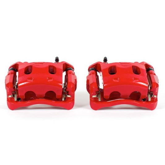 Pair of PowerStop red front brake calipers with brackets for 2013 Infiniti JX35, perf brake caliper replacement, shown in image.