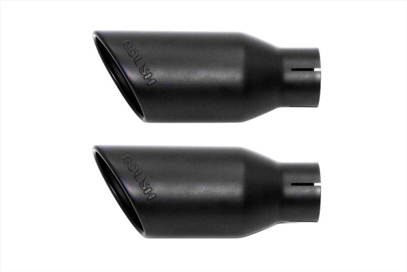 Pair of Roush black 4-inch exhaust tips for Ford F-150 5.0L, designed for dual exhaust systems, shown installed on a pickup truck.