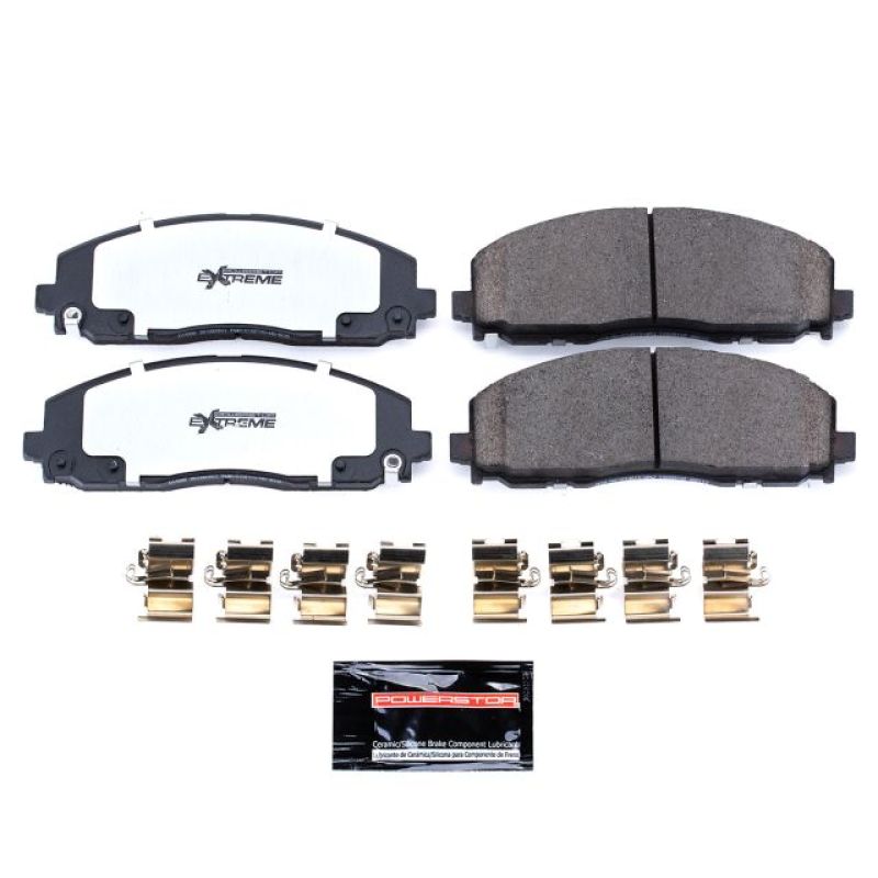 PowerStop Z36 performance front brake pads with hardware for 2017-2019 Chrysler Pacifica, designed for towing and truck use.