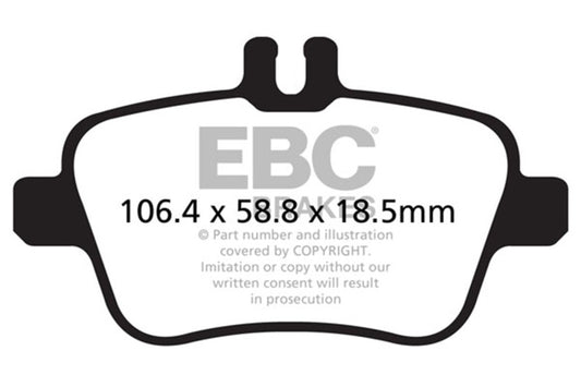 EBC 13+ Mercedes-Benz CLA250 2.0 Turbo Greenstuff rear performance brake pads showing green friction material