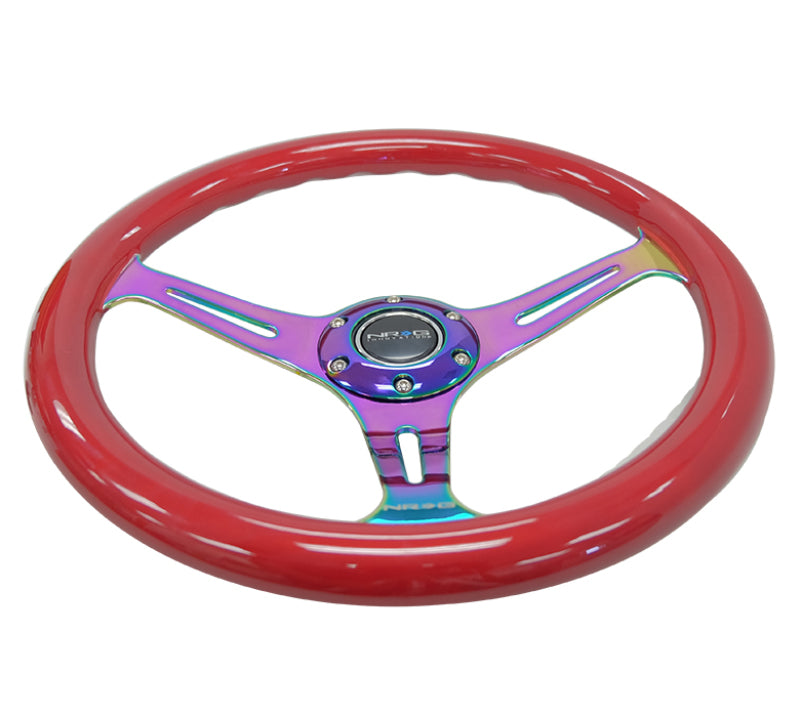 NRG Classic wood grain steering wheel with red grip and neochrome 3-spoke center, 350mm diameter, car steering wheel.