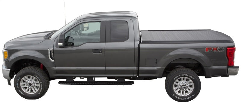 Pace Edwards UltraGroove retractable metal bed cover on a 2017 Ford F-Series Super Duty 6ft 9in bed, shown in closed position.