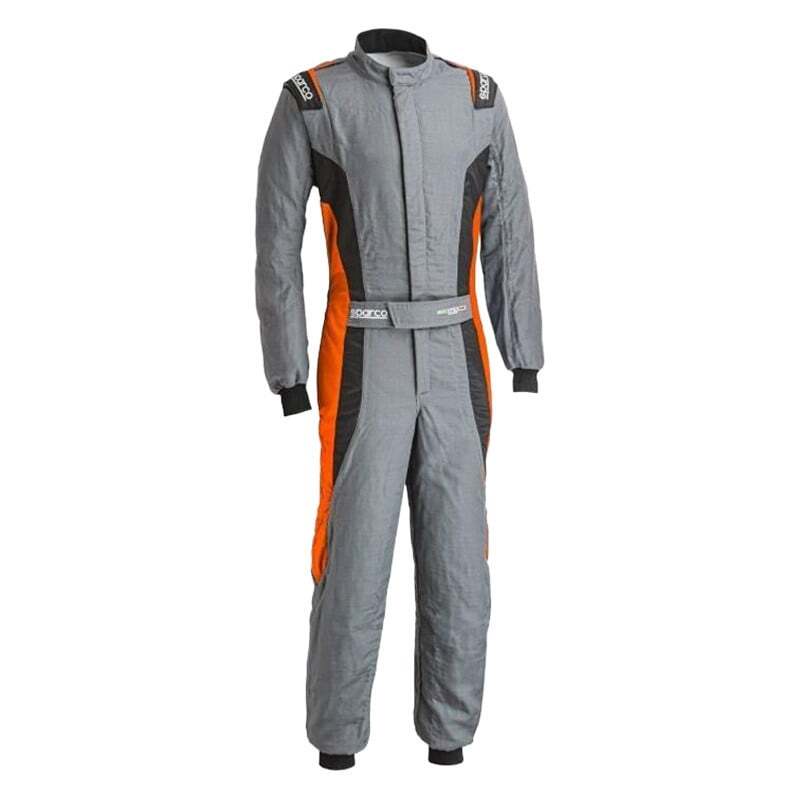 SPARCO Victory PRO 52 gray and orange racing suit designed for motorsport drivers, featuring durable fabric and racing comfort.