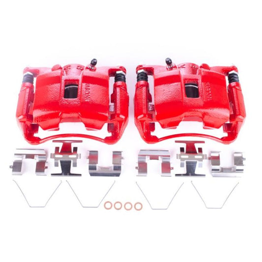 Pair of PowerStop red front brake calipers with brackets for Acura CSX 2006-2011, performance disc brake replacement.