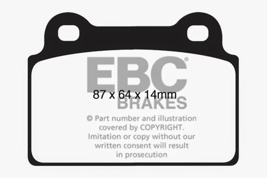 EBC Redstuff rear brake pads for Mitsubishi Lancer Evo 10 2.0 Turbo, performance brake pads, shown in close-up.