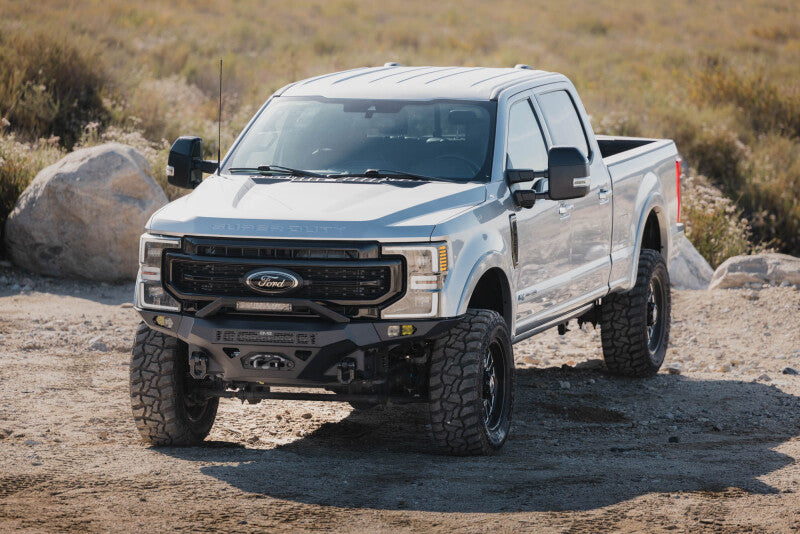 DV8 Offroad steel front bumper for Ford Super Duty F-250/F-350 2017-2022, rugged off-road bumper with heavy-duty steel construction.