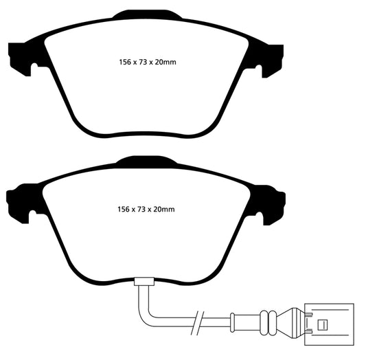EBC Redstuff front brake pads for Volkswagen CC 3.6, performance brake pads with red friction material, shown from the top view.