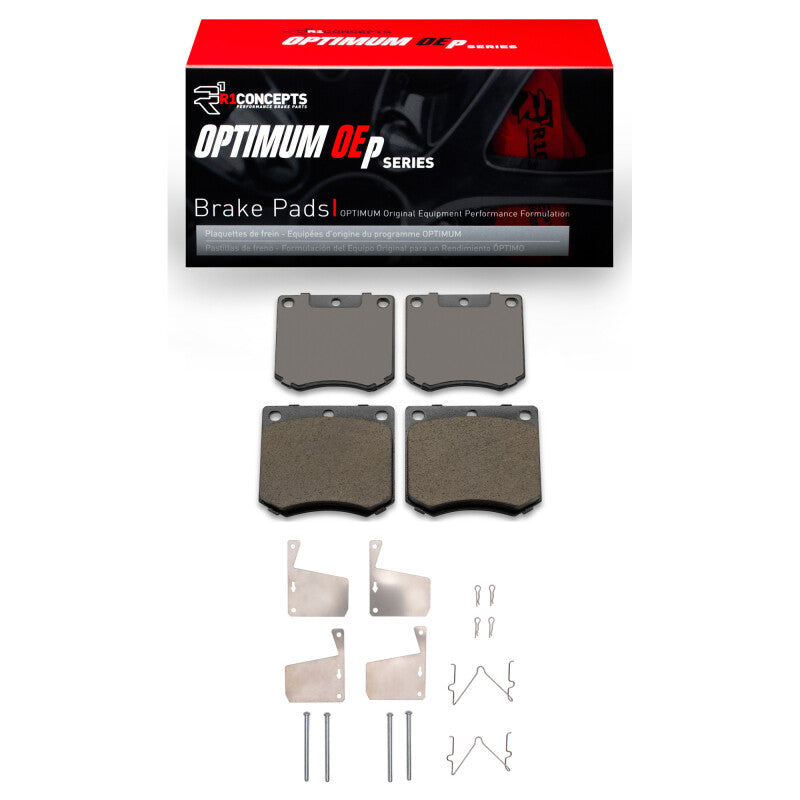 R1 Concepts DeLorean DMC 12 front OE brake pads and hardware kit, showing detailed brake components with packaging and hardware parts