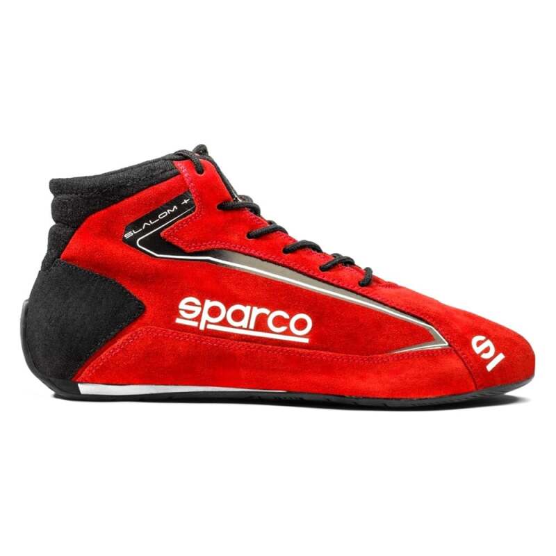 Red Sparco Slalom+ racing shoes with black accents, designed for high-performance motorsport driving.