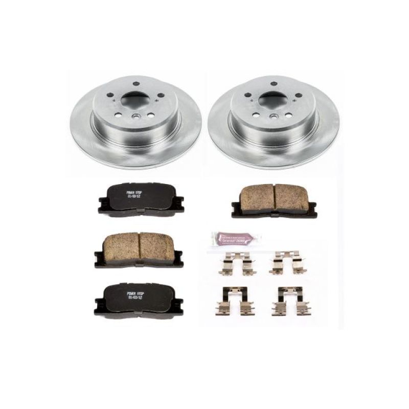 PowerStop OE rear brake kit for Toyota Highlander, showing brake rotors and pads in a detailed view.