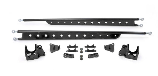 Fabtech Ford F250/350 4WD floating rear traction bar system showing durable metal bars and mounting hardware for improved traction.