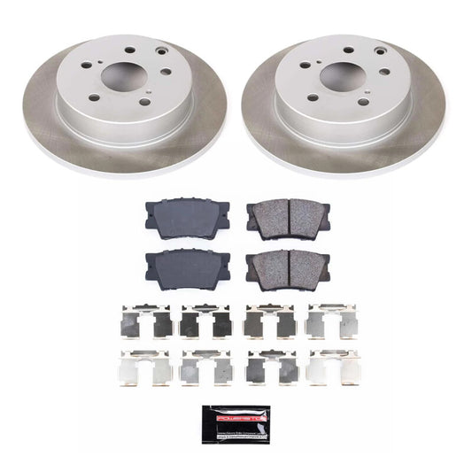 PowerStop rear semi-coated brake rotor kit installed on a Toyota RAV4, showing the performance brake components.