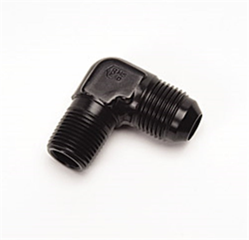 Russell Performance black -6 AN to 1/4 inch NPT 90-degree flare to pipe fitting, metal adapter for automotive applications