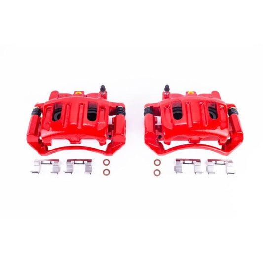 Pair of PowerStop front red brake calipers with brackets for Dodge Dakota 2003-2004, performance disc brake calipers.