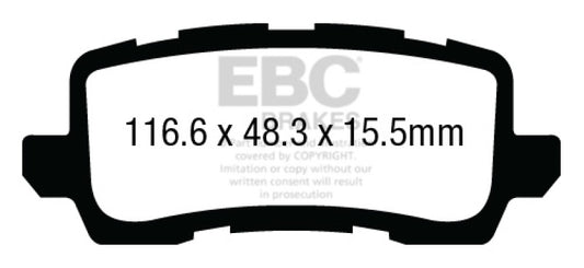 EBC 13+ Acura RLX 3.5 Ultimax2 rear brake pads showing OE replacement brake pad set with black friction material