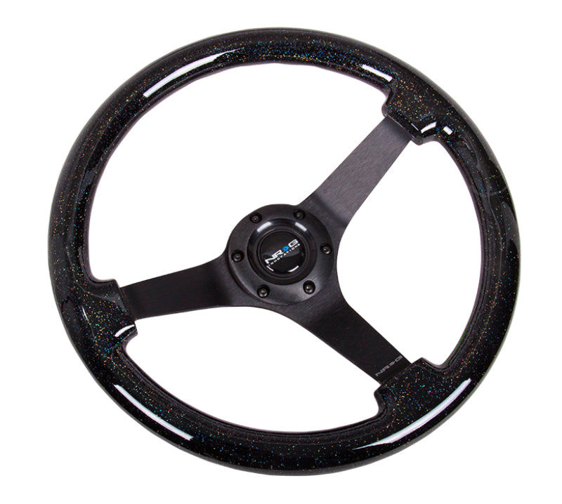 NRG reinforced 350mm black sparkled wood grain steering wheel with 3-spoke black center for classic car interior.