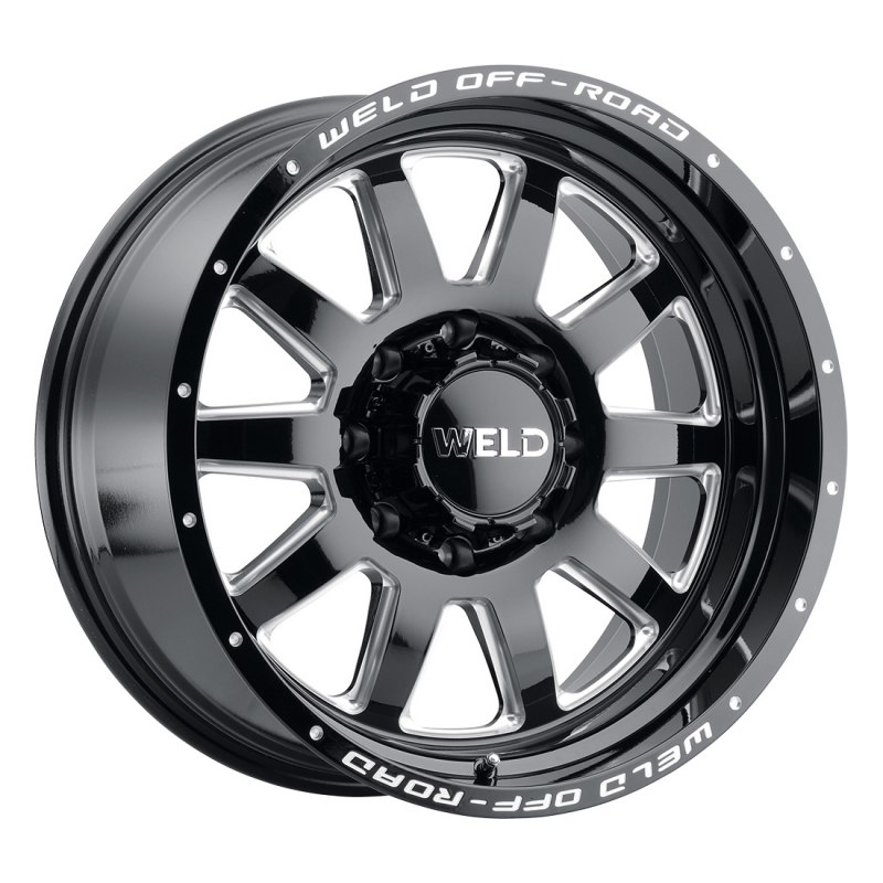 Weld Stealth 18x9 forged wheel in gloss black milled finish with 8x165.1 bolt pattern and 5-lug bolt pattern for vehicles.
